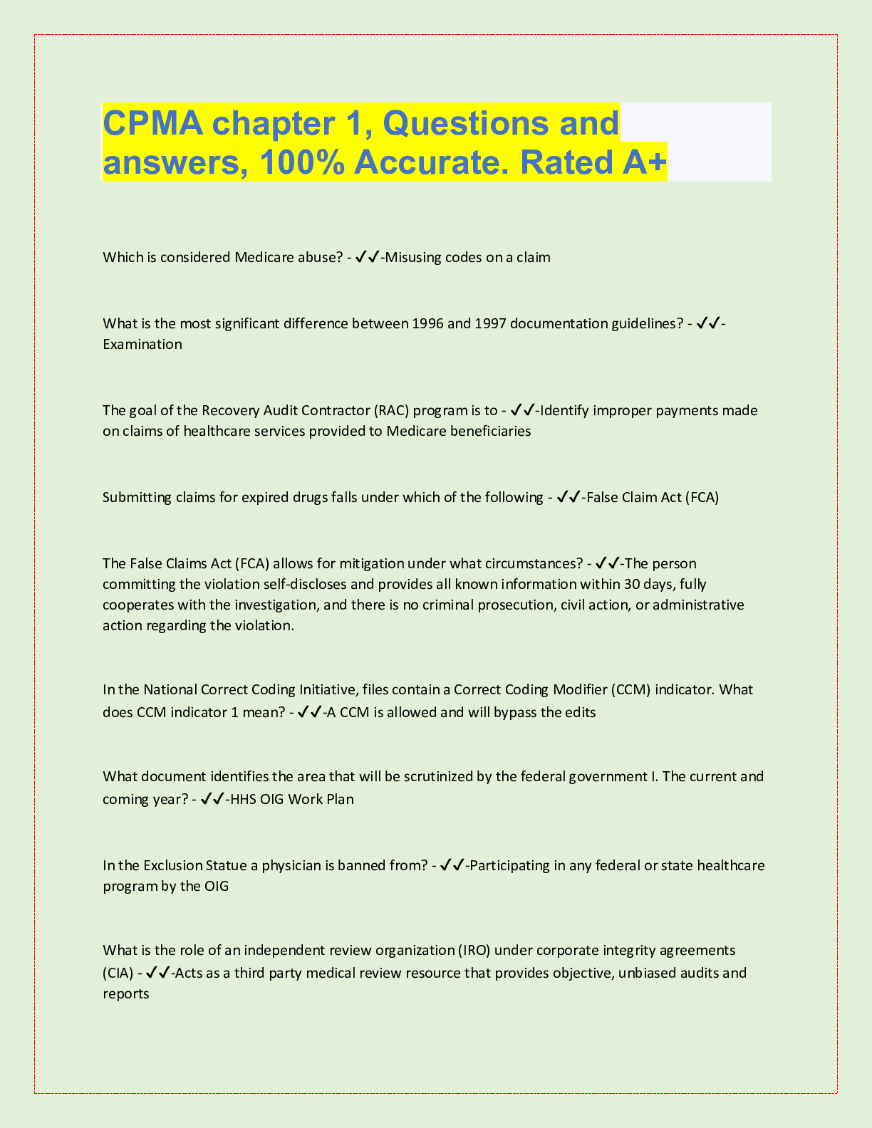 Preview image for CPMA chapter 1, Questions and  answers, 100% Accurate. Rated A+